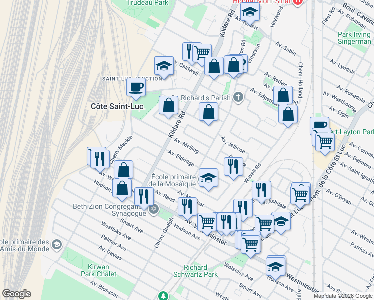 map of restaurants, bars, coffee shops, grocery stores, and more near 5718 Avenue Melling in Côte Saint-Luc