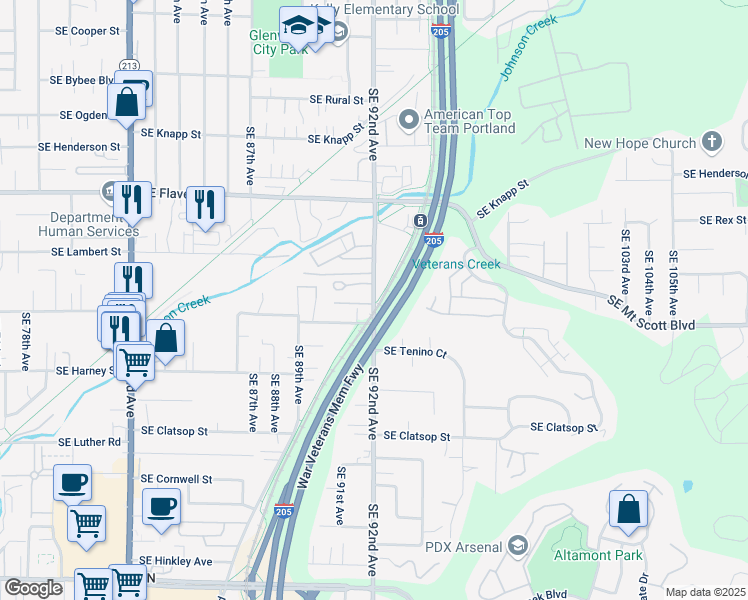 map of restaurants, bars, coffee shops, grocery stores, and more near 7965 Southeast 92nd Avenue in Portland