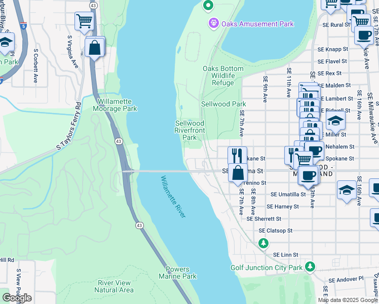 map of restaurants, bars, coffee shops, grocery stores, and more near 9 Oregon Yacht Club in Portland