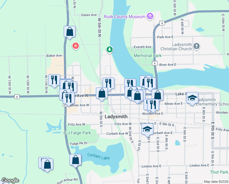 map of restaurants, bars, coffee shops, grocery stores, and more near 315 Lake Avenue West in Ladysmith