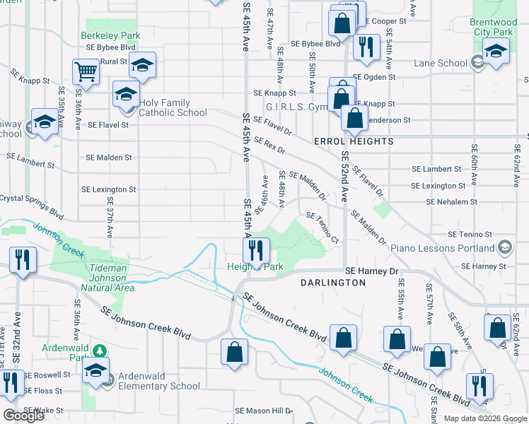 map of restaurants, bars, coffee shops, grocery stores, and more near 7926 Southeast 46th Avenue in Portland