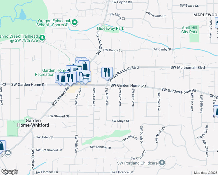 map of restaurants, bars, coffee shops, grocery stores, and more near 6850 Southwest Garden Home Road in Portland