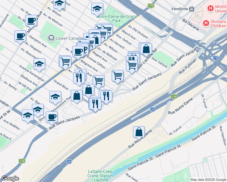 map of restaurants, bars, coffee shops, grocery stores, and more near 6053 Chemin Upper Lachine in Montréal
