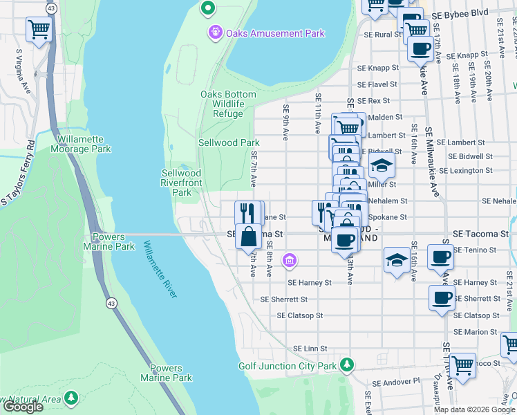 map of restaurants, bars, coffee shops, grocery stores, and more near 8012 Southeast 7th Avenue in Portland