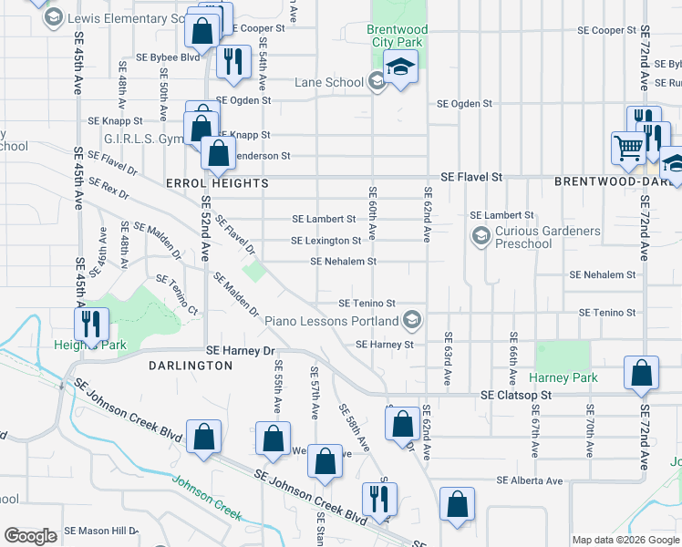 map of restaurants, bars, coffee shops, grocery stores, and more near 5806 Southeast Nehalem Street in Portland