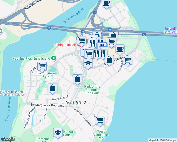 map of restaurants, bars, coffee shops, grocery stores, and more near 100 Boulevard de l'Île-des-Soeurs in Montréal