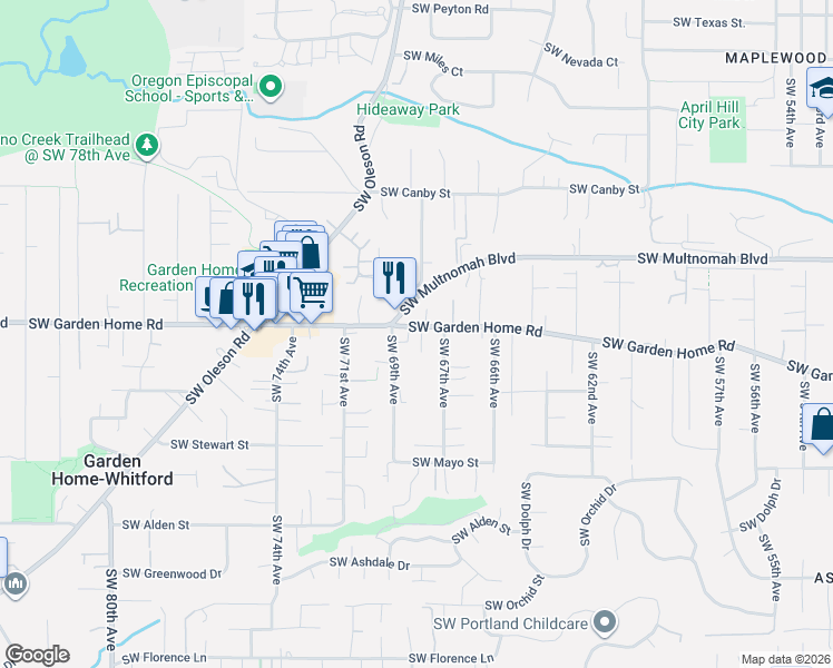 map of restaurants, bars, coffee shops, grocery stores, and more near 6850 Southwest Garden Home Road in Portland
