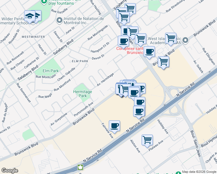 map of restaurants, bars, coffee shops, grocery stores, and more near 355 Brunswick Boulevard in Pointe-Claire