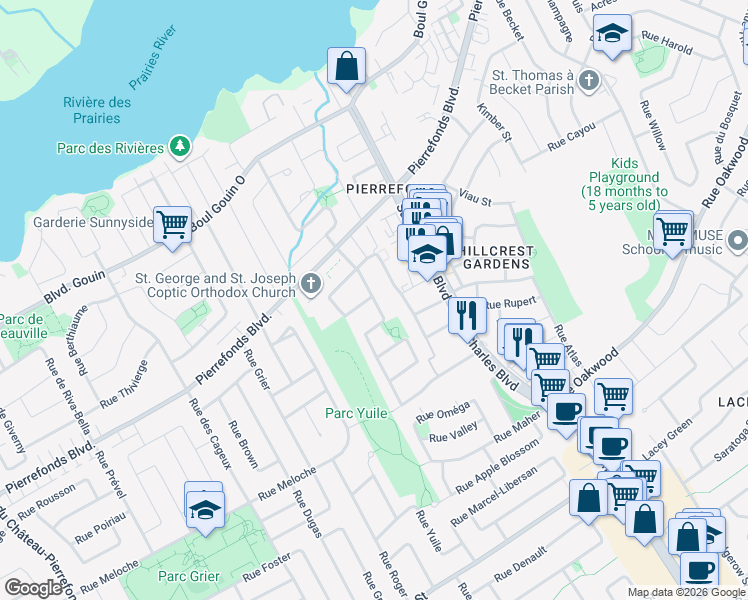 map of restaurants, bars, coffee shops, grocery stores, and more near 4834 Rue Louis Fréchette in Pierrefonds