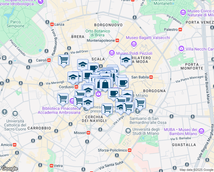 map of restaurants, bars, coffee shops, grocery stores, and more near 2 Via Giovanni Berchet in Milano