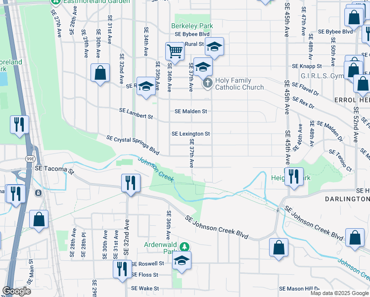 map of restaurants, bars, coffee shops, grocery stores, and more near 3660 Southeast Nehalem Street in Portland
