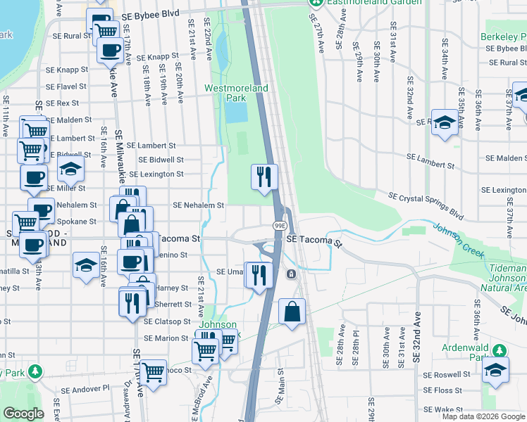 map of restaurants, bars, coffee shops, grocery stores, and more near 2445 Southeast Tacoma Street in Portland