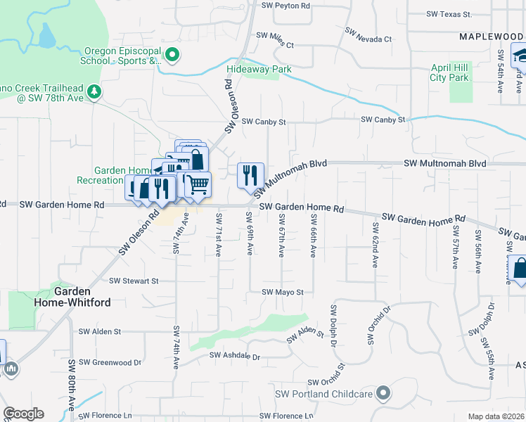 map of restaurants, bars, coffee shops, grocery stores, and more near 6850 Southwest Garden Home Road in Portland