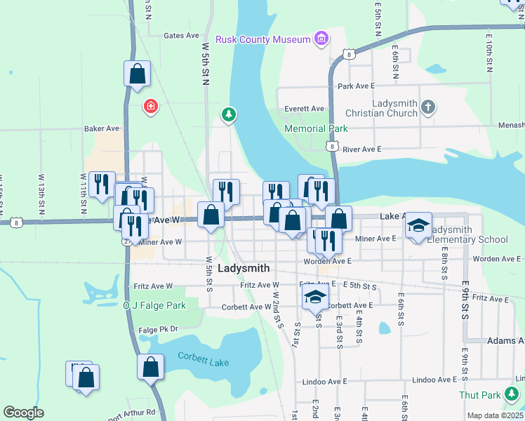 map of restaurants, bars, coffee shops, grocery stores, and more near 200 Lake Avenue West in Ladysmith