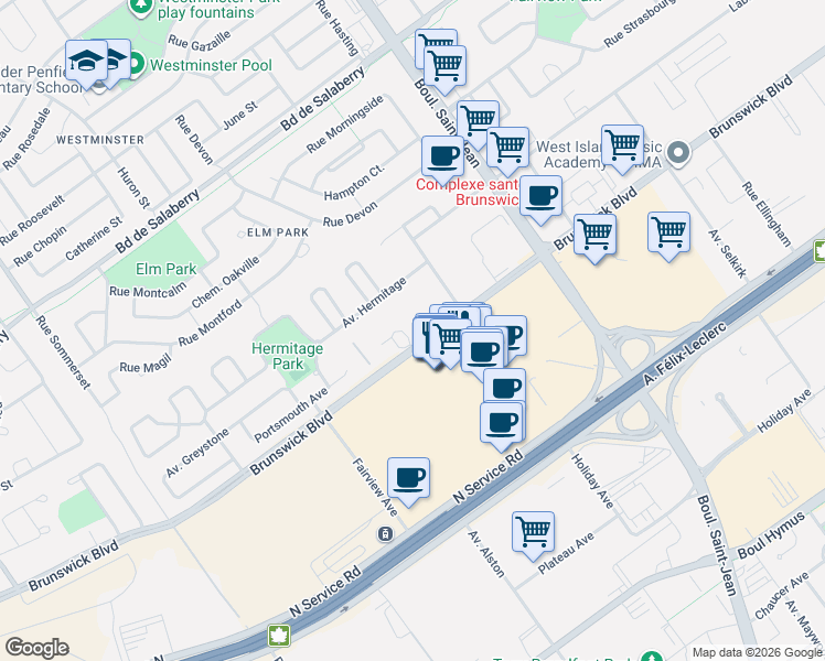 map of restaurants, bars, coffee shops, grocery stores, and more near 355 Brunswick Boulevard in Pointe-Claire