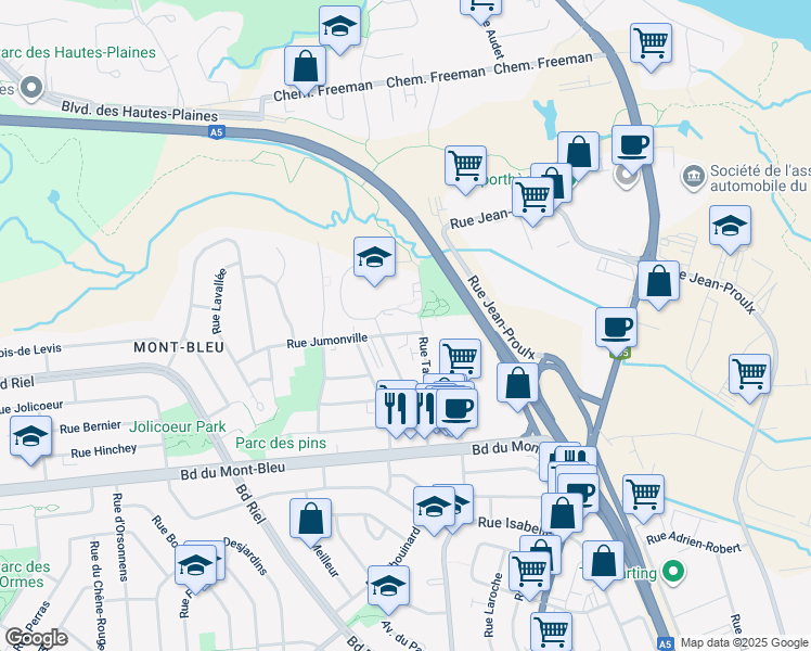 map of restaurants, bars, coffee shops, grocery stores, and more near 10 Rue Jumonville in Gatineau
