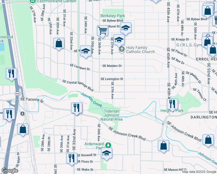 map of restaurants, bars, coffee shops, grocery stores, and more near 3660 Southeast Nehalem Street in Portland