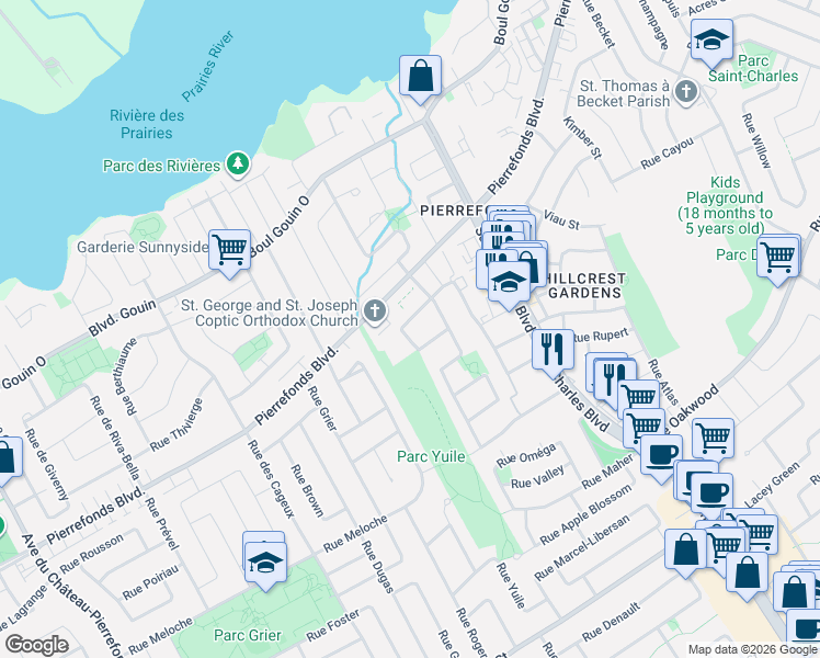 map of restaurants, bars, coffee shops, grocery stores, and more near 17126 Rue Émile-Nelligan in Montréal