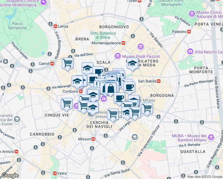 map of restaurants, bars, coffee shops, grocery stores, and more near 2 Via Giovanni Berchet in Milano