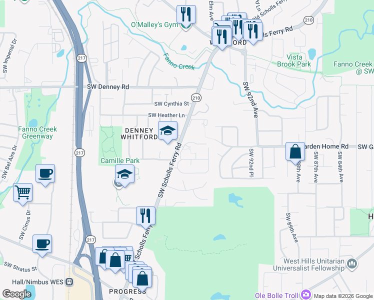map of restaurants, bars, coffee shops, grocery stores, and more near 9680 Southwest Marjorie Lane in Beaverton