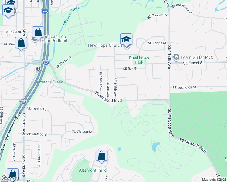 map of restaurants, bars, coffee shops, grocery stores, and more near 8005 Southeast 105th Avenue in Portland
