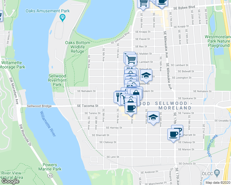 map of restaurants, bars, coffee shops, grocery stores, and more near 8059 Southeast 11th Avenue in Portland