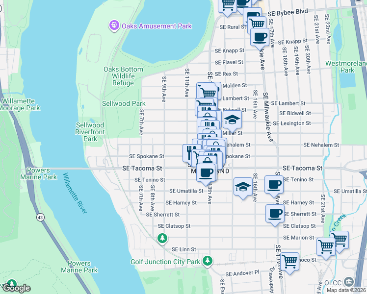 map of restaurants, bars, coffee shops, grocery stores, and more near 8059 Southeast 11th Avenue in Portland
