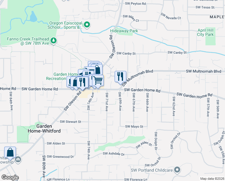 map of restaurants, bars, coffee shops, grocery stores, and more near 7620 Southwest 71st Avenue in Portland