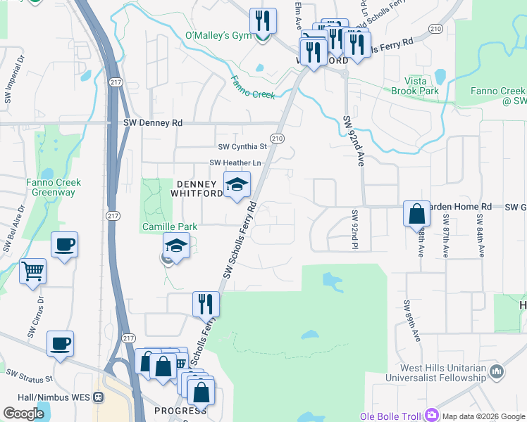 map of restaurants, bars, coffee shops, grocery stores, and more near 9680 Southwest Marjorie Lane in Beaverton
