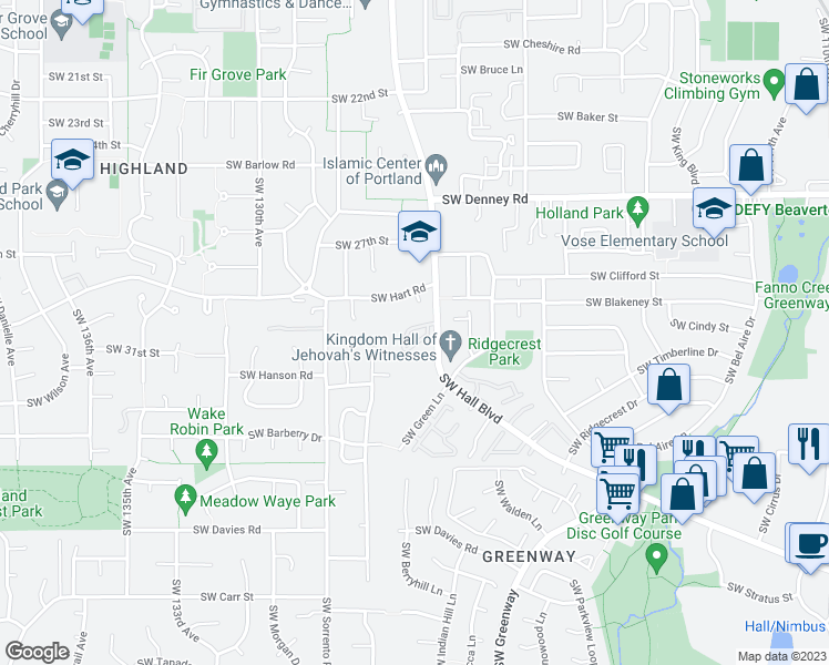 map of restaurants, bars, coffee shops, grocery stores, and more near 7560 Southwest Escalon Place in Beaverton