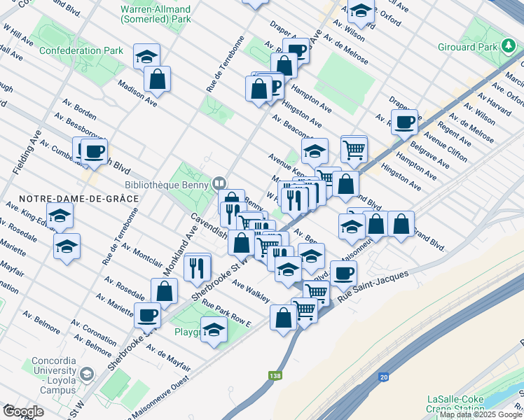 map of restaurants, bars, coffee shops, grocery stores, and more near in Montreal