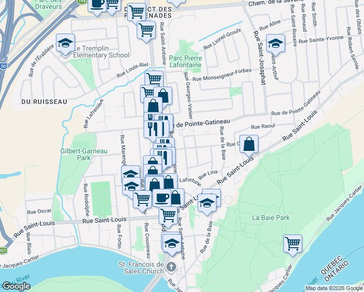 map of restaurants, bars, coffee shops, grocery stores, and more near 23 Rue Guertin in Gatineau