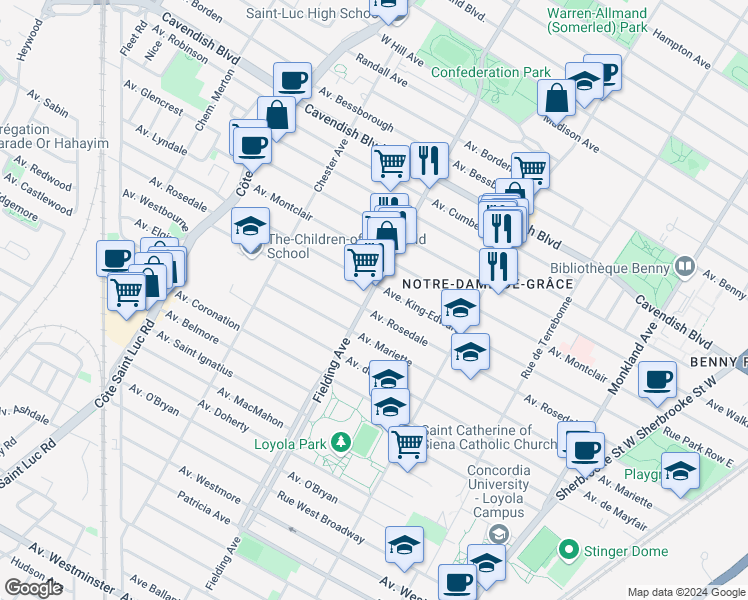 map of restaurants, bars, coffee shops, grocery stores, and more near 6840 Avenue Fielding in Montréal