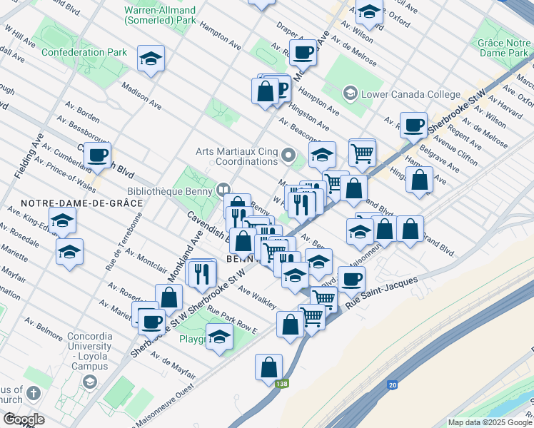 map of restaurants, bars, coffee shops, grocery stores, and more near 3734 Avenue Benny in Montréal