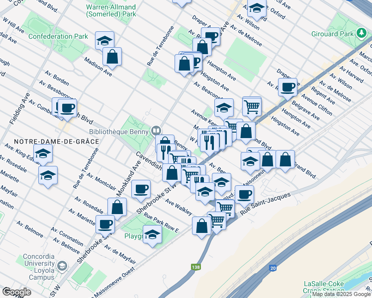 map of restaurants, bars, coffee shops, grocery stores, and more near 3734 Avenue Benny in Montréal