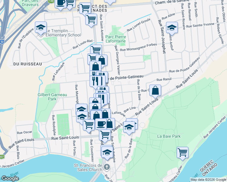 map of restaurants, bars, coffee shops, grocery stores, and more near 23 Rue Guertin in Gatineau