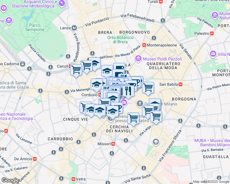 map of restaurants, bars, coffee shops, grocery stores, and more near 1 Via Silvio Pellico in Milano