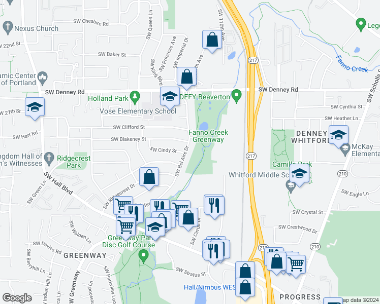 map of restaurants, bars, coffee shops, grocery stores, and more near 7520 Southwest Bel Aire Drive in Beaverton