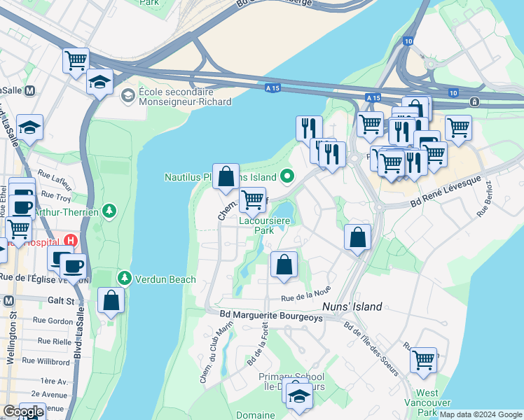 map of restaurants, bars, coffee shops, grocery stores, and more near 60 Rue William Paul in Montréal