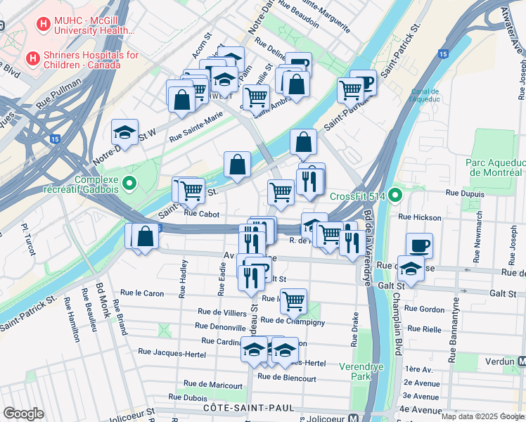 map of restaurants, bars, coffee shops, grocery stores, and more near 1685 Rue Cabot in Montréal