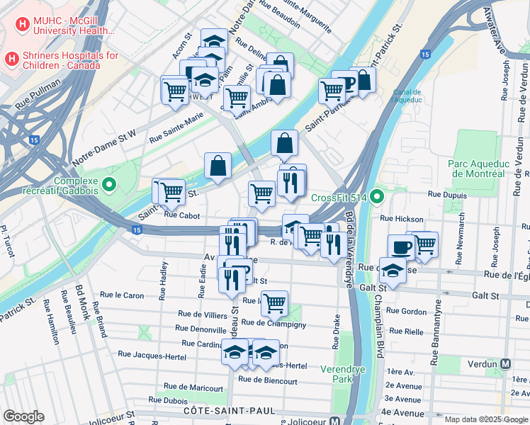 map of restaurants, bars, coffee shops, grocery stores, and more near 1685 Rue Cabot in Montréal