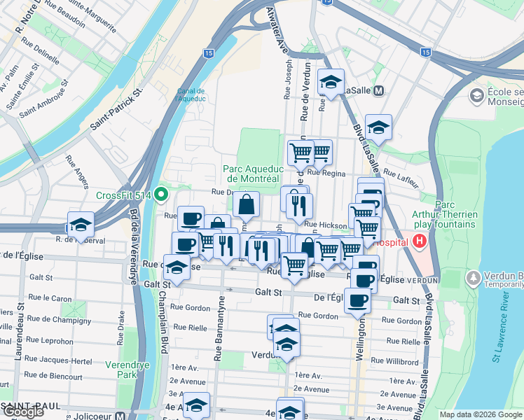 map of restaurants, bars, coffee shops, grocery stores, and more near 3857 Rue Claude in Verdun