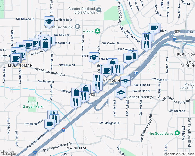 map of restaurants, bars, coffee shops, grocery stores, and more near 8307 Southwest 22nd Avenue in Portland