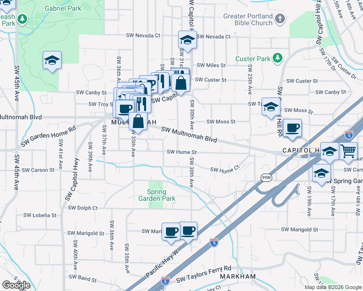 map of restaurants, bars, coffee shops, grocery stores, and more near 3060 Southwest Hume Street in Portland