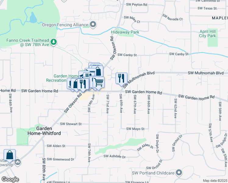 map of restaurants, bars, coffee shops, grocery stores, and more near 7620 Southwest 71st Avenue in Portland
