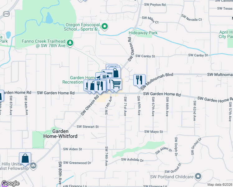 map of restaurants, bars, coffee shops, grocery stores, and more near 7238 Southwest Garden Home Road in Portland
