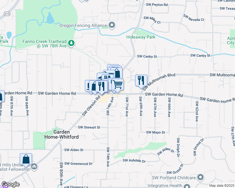 map of restaurants, bars, coffee shops, grocery stores, and more near 7238 Southwest Garden Home Road in Portland