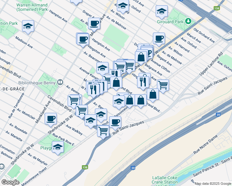 map of restaurants, bars, coffee shops, grocery stores, and more near 2395 Avenue Madison in Montréal