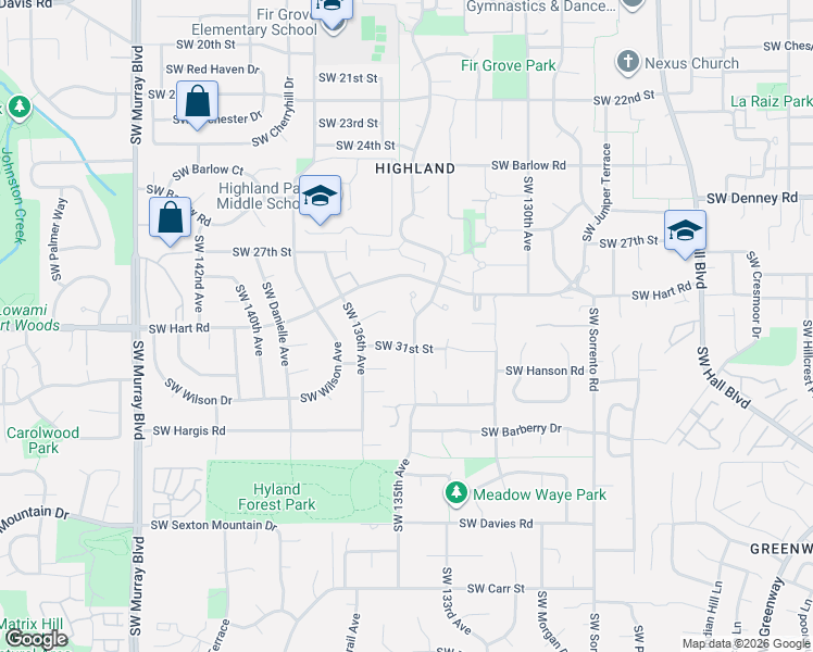 map of restaurants, bars, coffee shops, grocery stores, and more near 7505 Southwest Hyland Way in Beaverton
