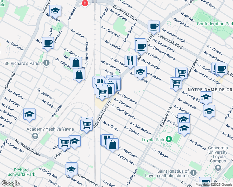 map of restaurants, bars, coffee shops, grocery stores, and more near 5480 Avenue Coronation in Montréal